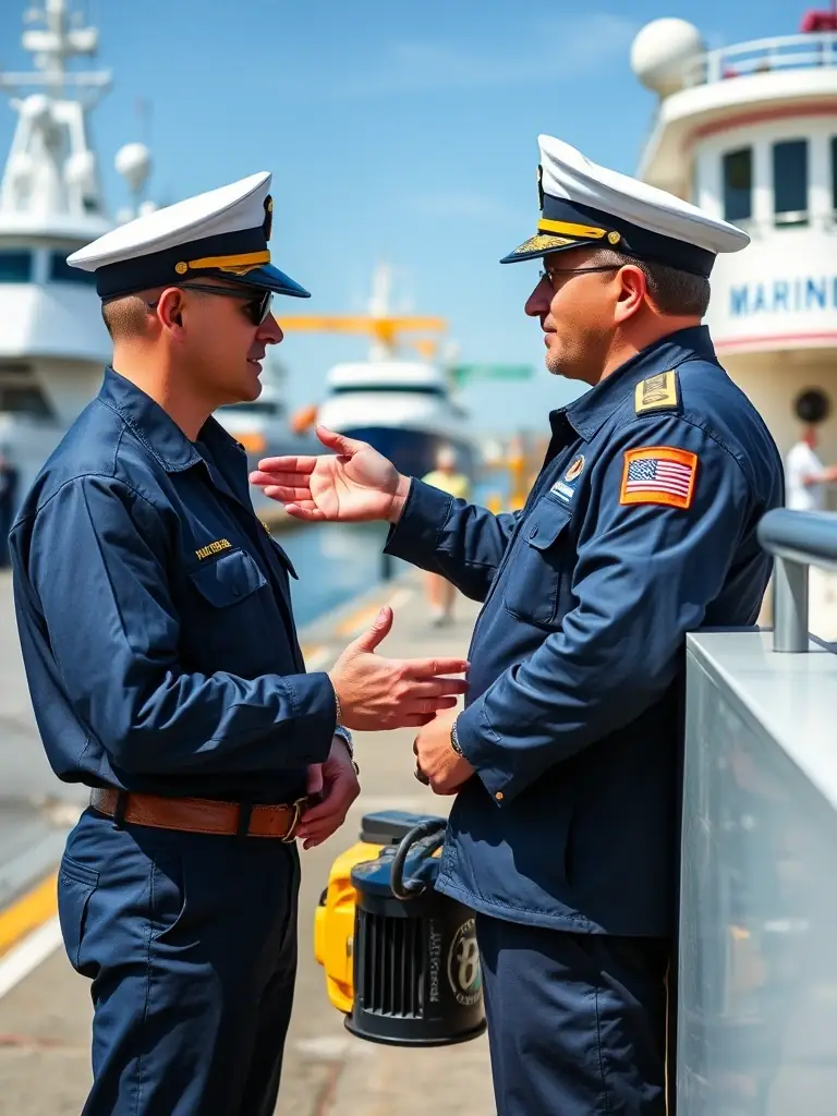 A photograph of a Marine Masters team member communicating effectively with a ship captain, showcasing clear and professional communication.