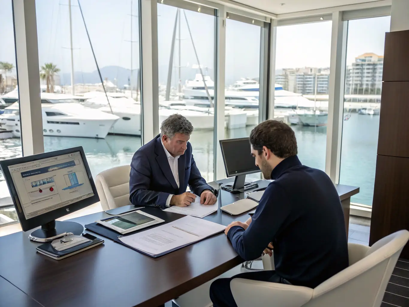 An image showcasing a Marine Masters Costa Rica consultant providing strategic advice to a client in a maritime setting, highlighting the company's expertise in optimizing operations and ensuring compliance.