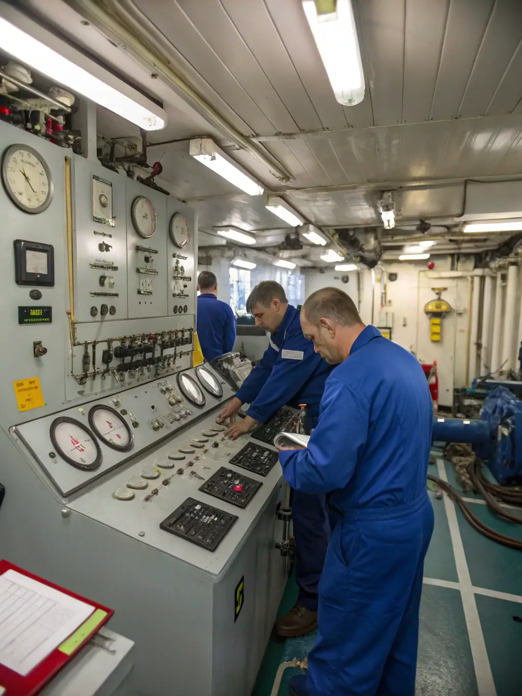 A photo of a Marine Masters Costa Rica technician performing maintenance on a ship's engine in a well-lit engine room, showcasing their expertise and attention to detail.