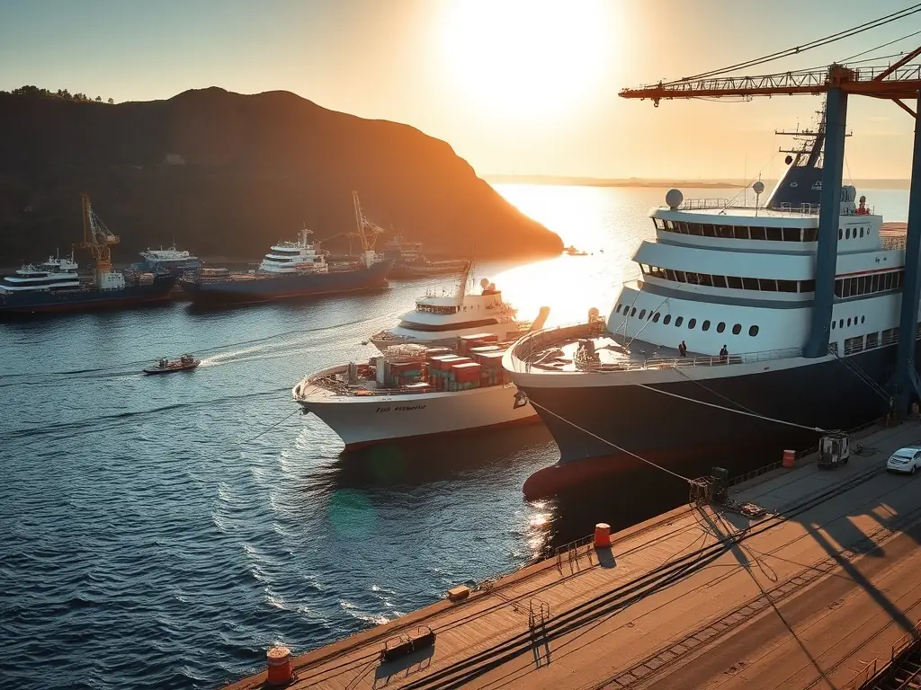 A high-resolution image depicting a modern cargo ship being guided into a Costa Rican port by a Marine Masters Costa Rica support vessel, under a clear blue sky. The image should convey efficiency, safety, and technological advancement.