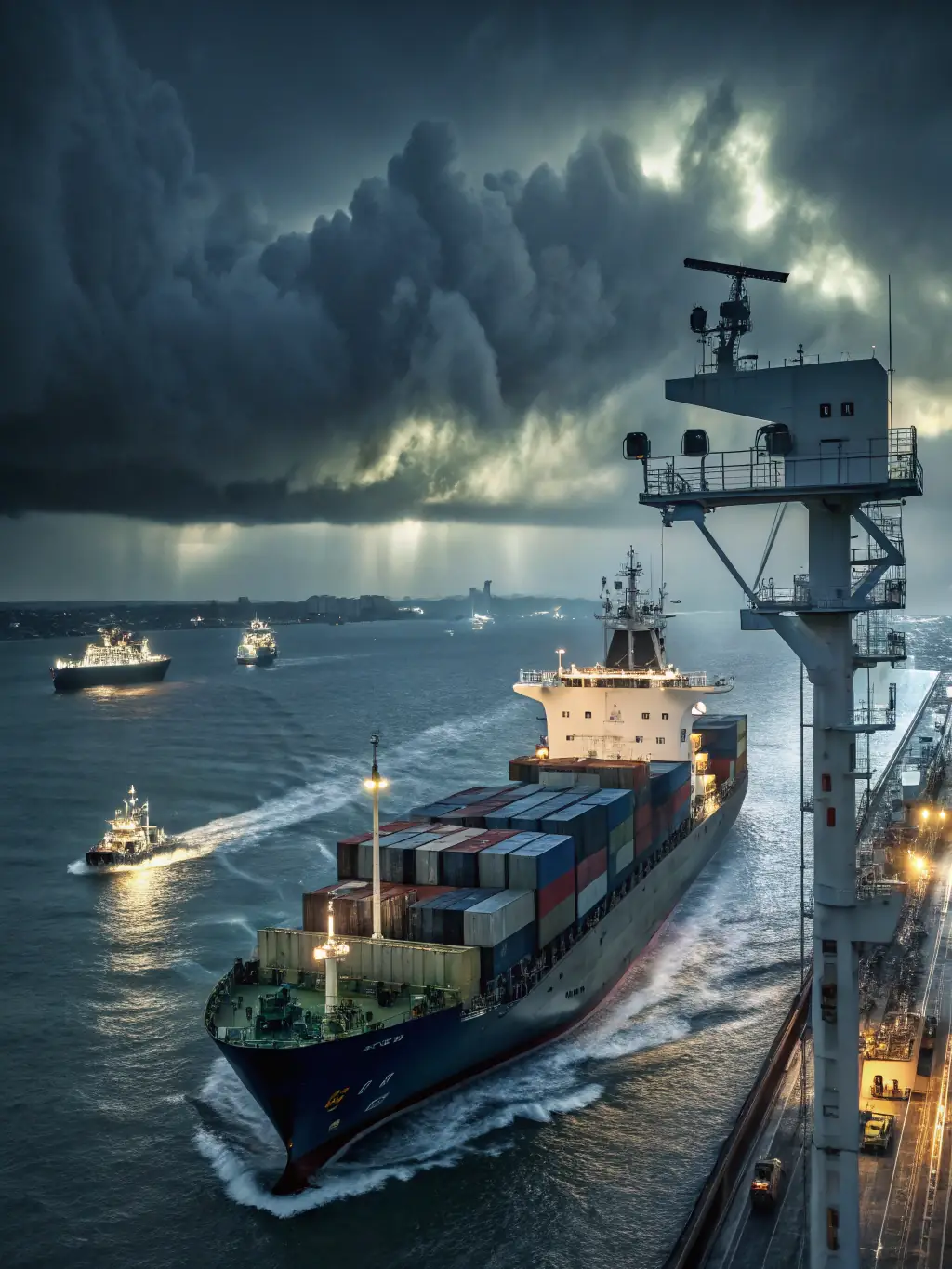 A photo of a modern cargo ship being expertly guided into a Costa Rican port by a Marine Masters support vessel, under a clear blue sky.