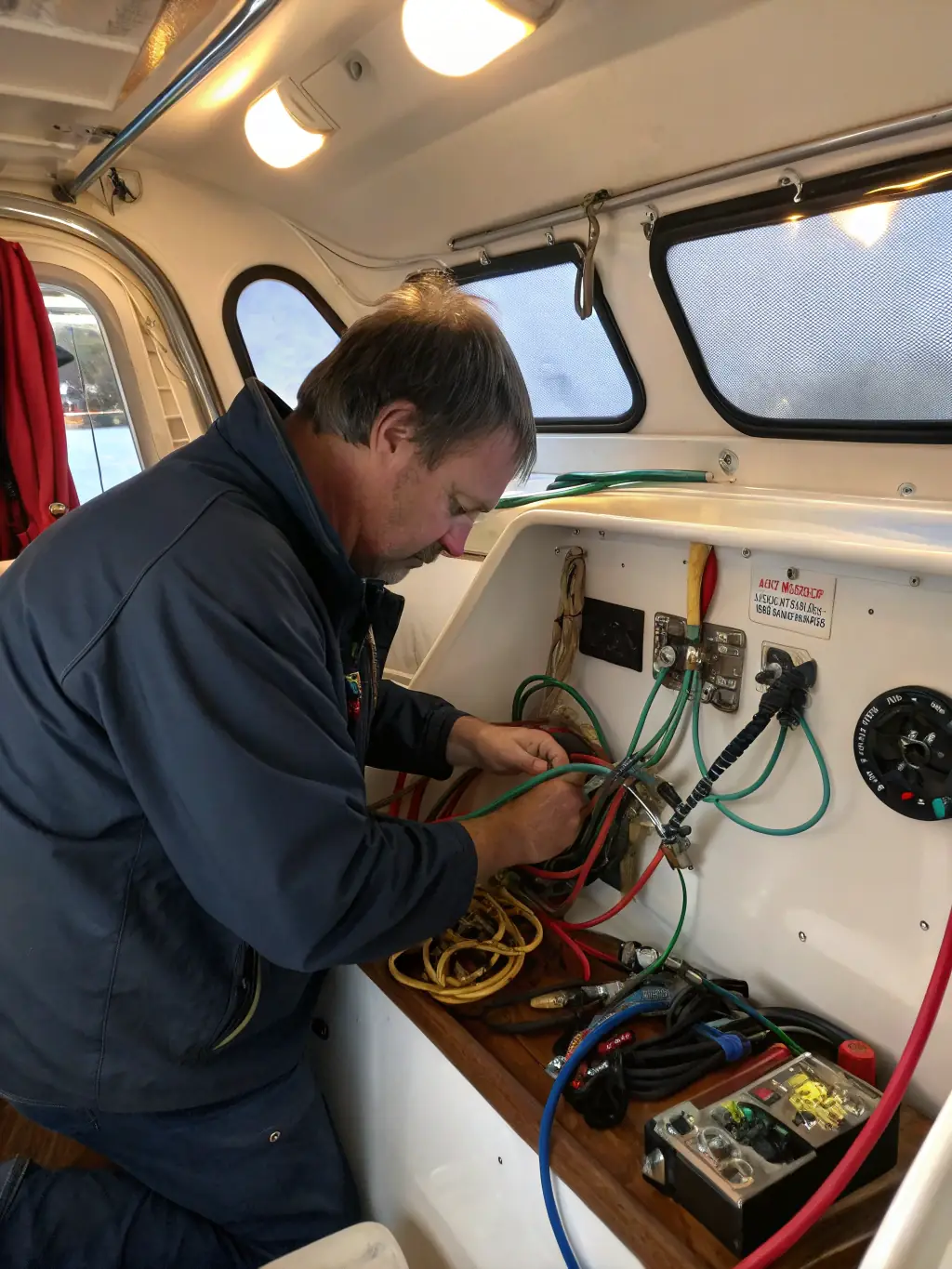 A photo of a Marine Masters Costa Rica employee working on the electrical system of a boat, with various tools and wiring visible, highlighting their expertise in marine electrical systems.