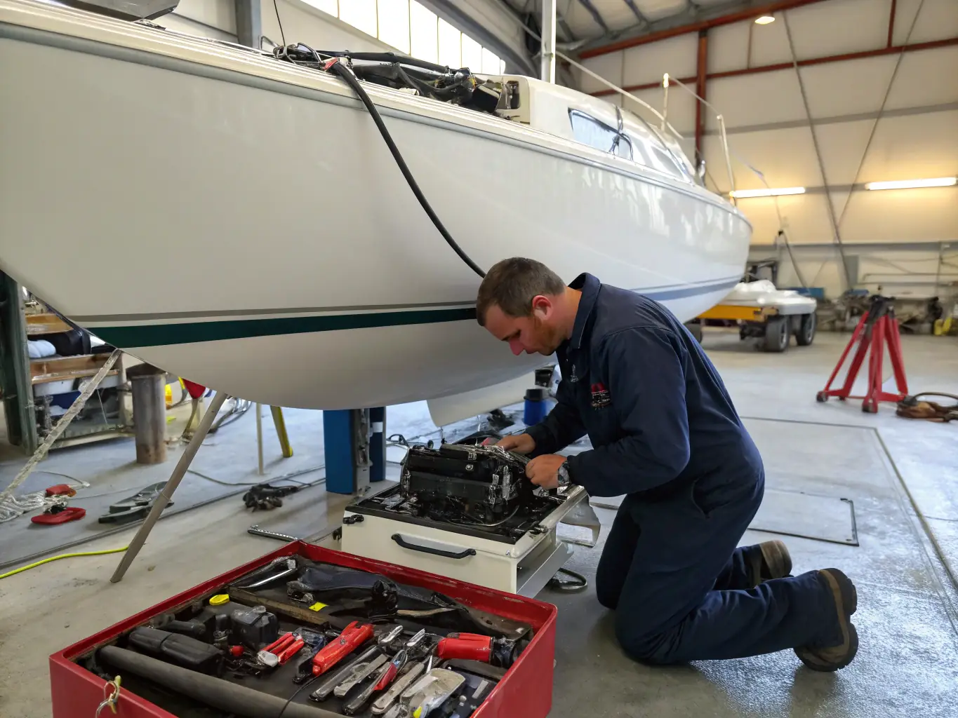 A detailed image of a Marine Masters Costa Rica technician performing preventative maintenance on a ship's engine, emphasizing the company's proactive approach to equipment longevity and reliability.