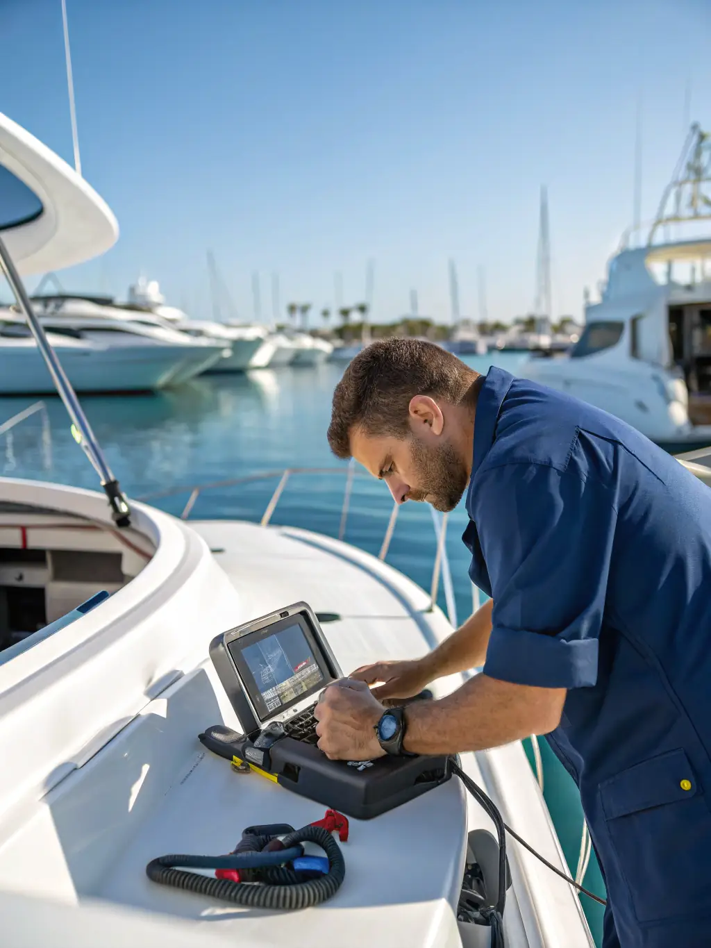 A photo of a Marine Masters Costa Rica team member providing on-site support to a ship docked at a marina, with communication equipment visible, emphasizing their commitment to customer service.