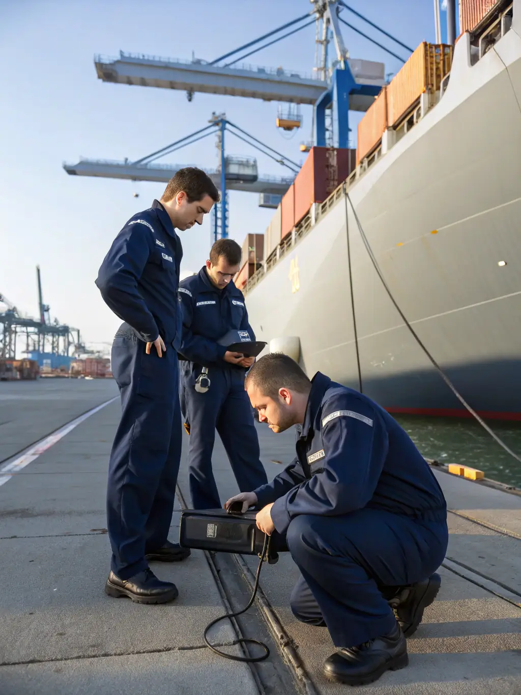 A photo of a Marine Masters Costa Rica team member using specialized equipment to conduct a hull inspection on a docked ship, emphasizing the thoroughness of the inspection.