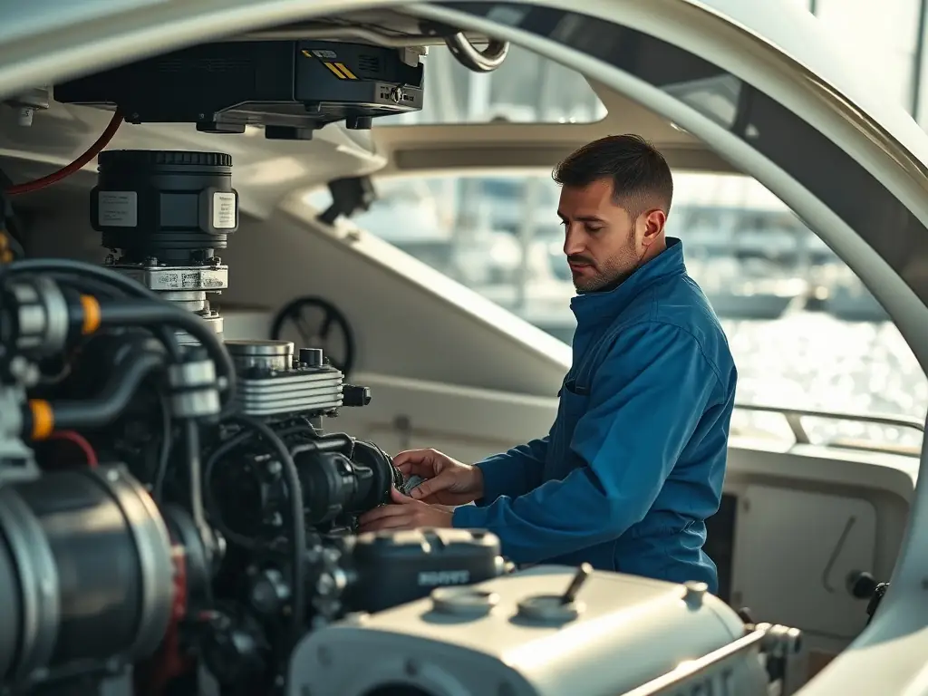 A skilled Marine Masters Costa Rica technician performing maintenance on a ship's engine in a well-equipped workshop. The technician is using specialized tools and diagnostic equipment.