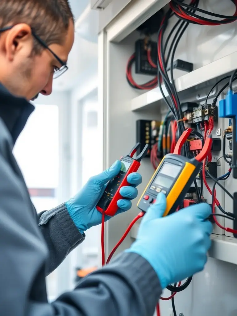Technicians working on a boat's electrical panel with multimeters and wiring tools, ensuring safety and convenience.