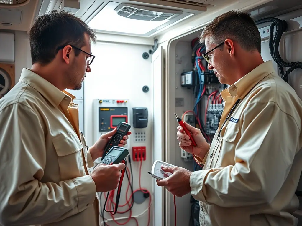 Technicians working on a boat's electrical panel with multimeters and wiring tools, demonstrating attention to detail and technical skill.