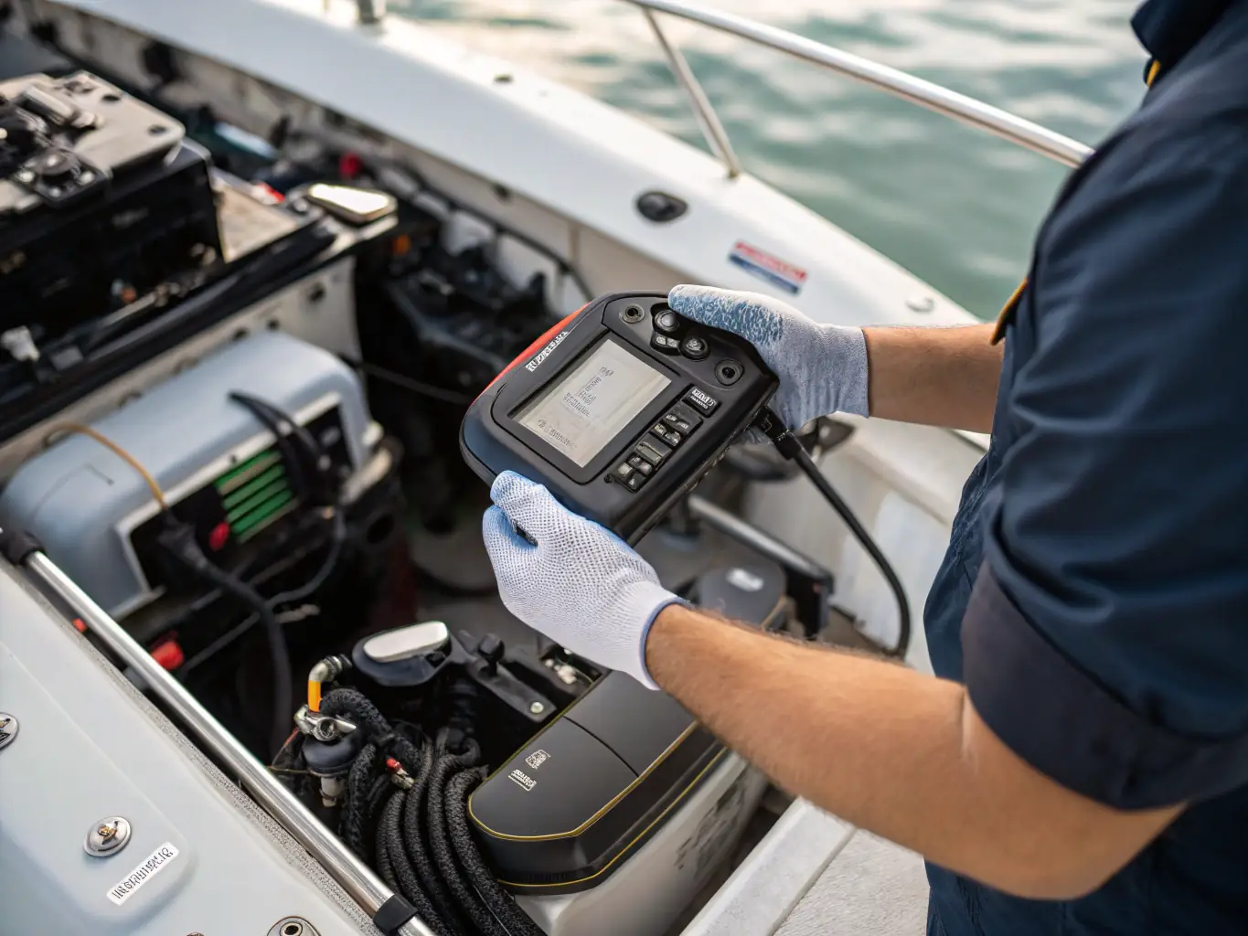 An image depicting a technician working on the electrical systems of a boat, focusing on the intricate wiring and electronic components, showcasing the complexity and precision of electrical work.