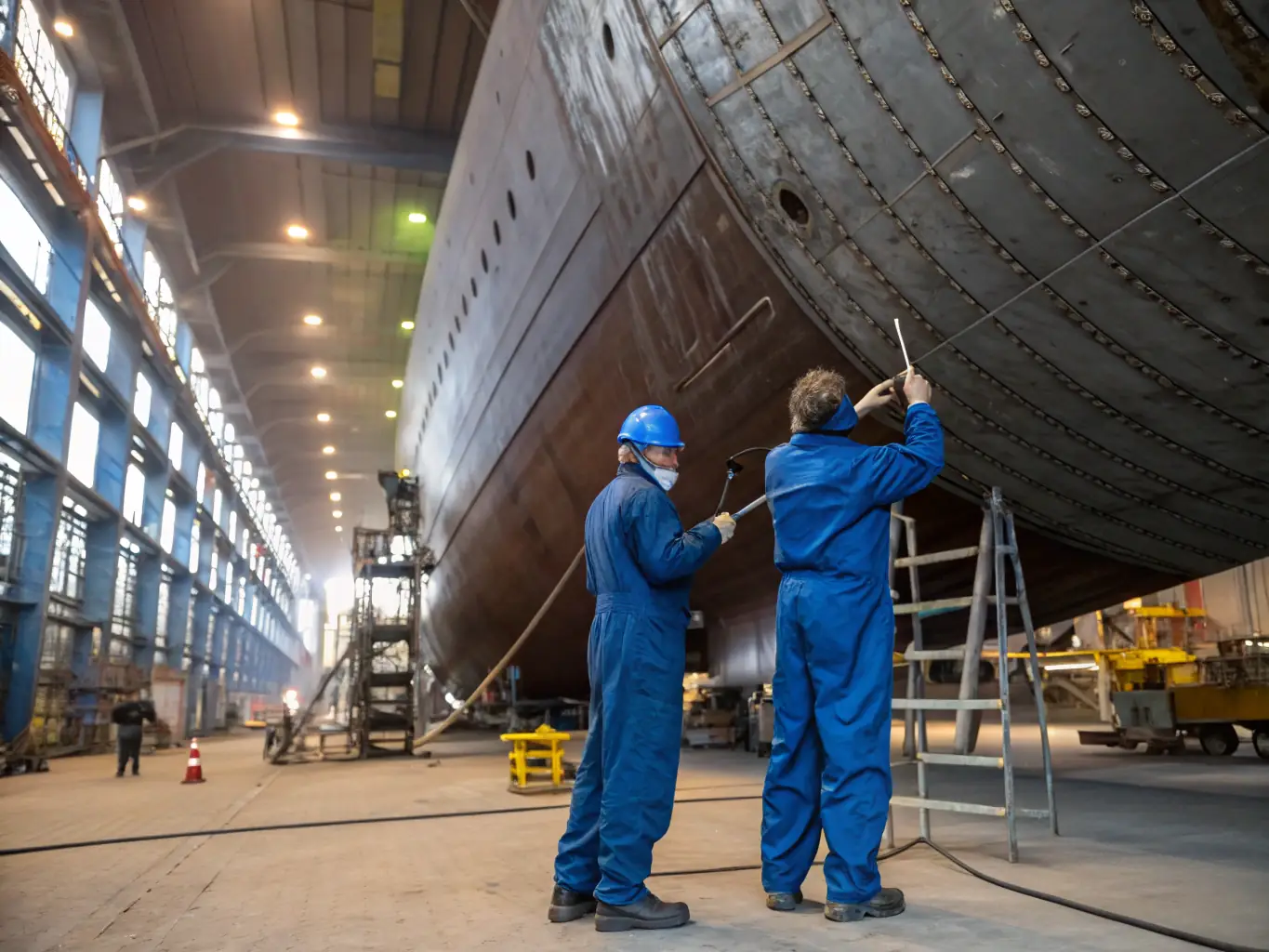 A professional image of a boat's hull being meticulously cleaned and inspected in dry dock, highlighting the attention to detail and thoroughness of the service.