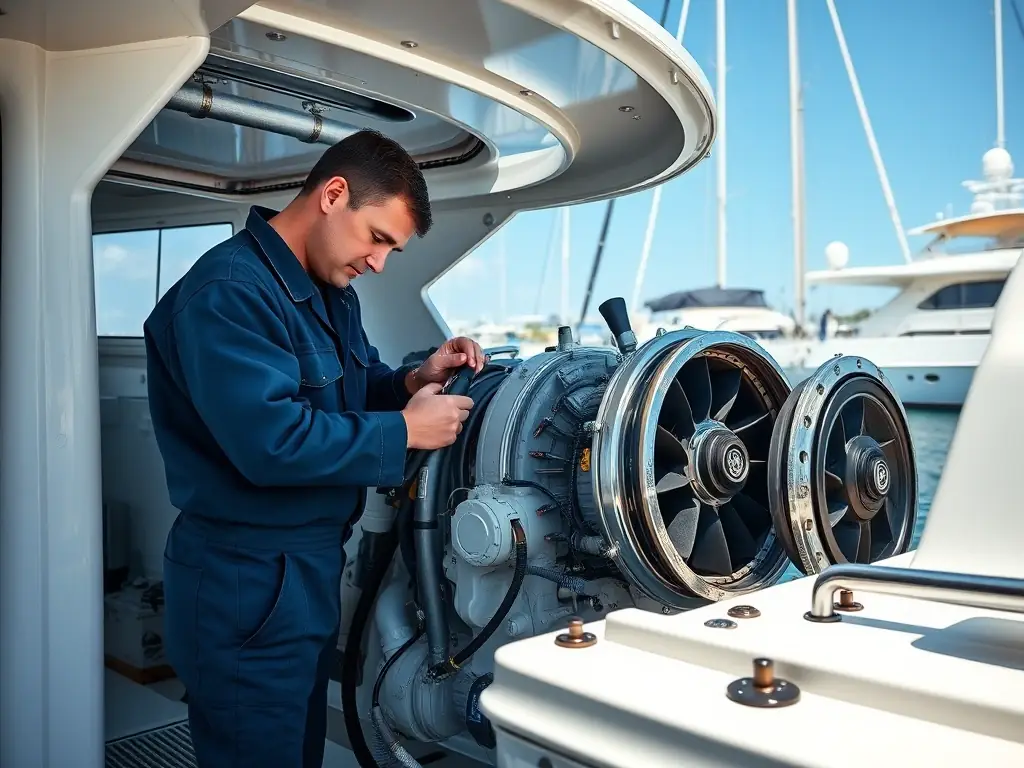 A high-quality photo of a mechanic expertly repairing a boat engine in a clean, well-equipped workshop, emphasizing the technical skills and precision involved.