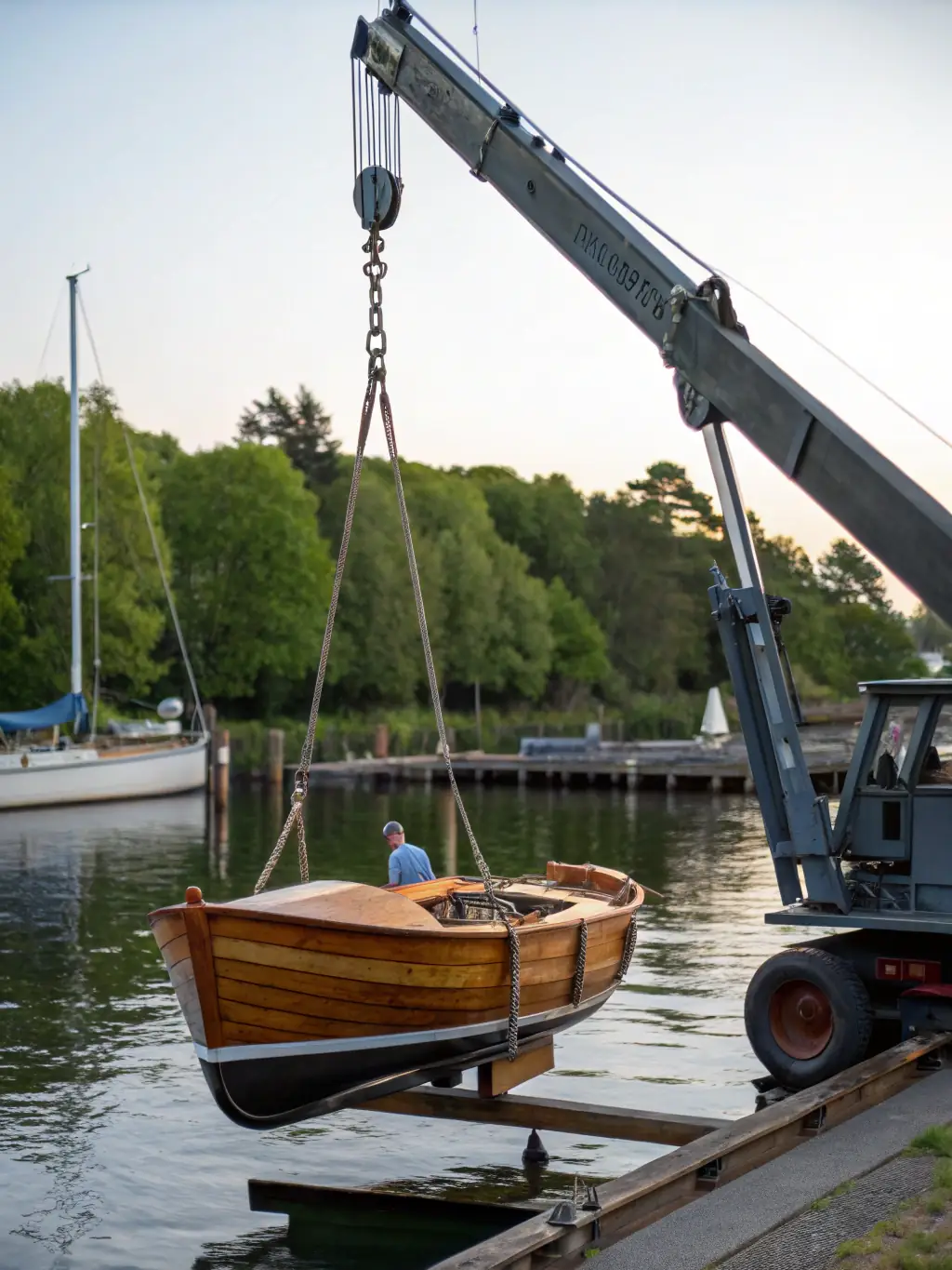 A boat being lifted out of the water for hull inspection and maintenance, with workers carefully examining the hull.