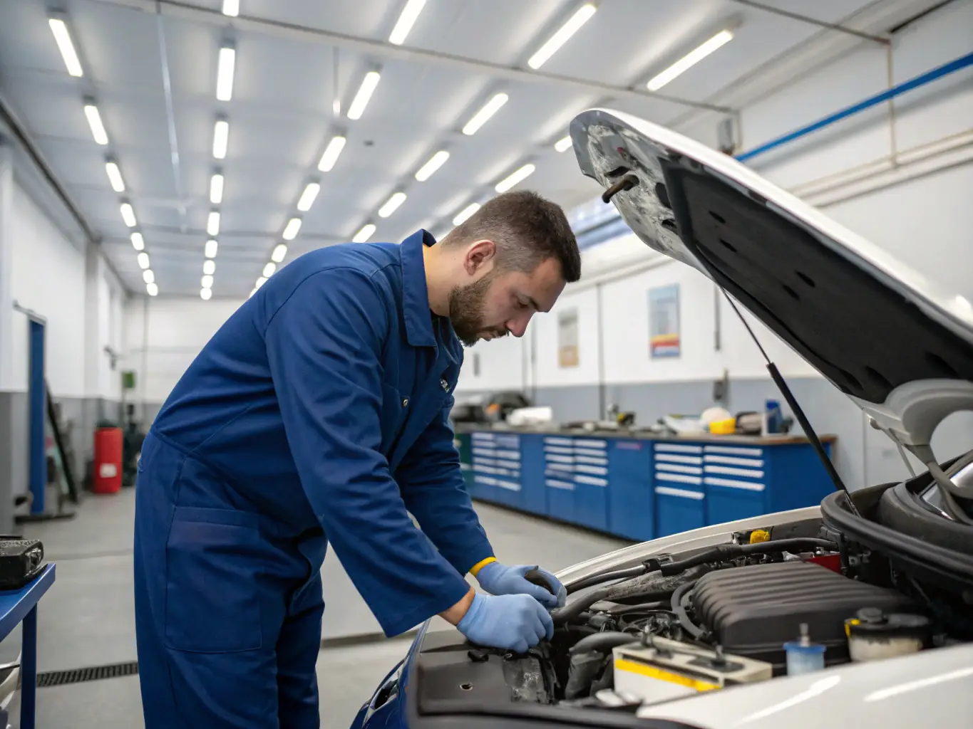 A high-quality photograph showcasing a boat engine being meticulously serviced by a skilled mechanic in a clean and organized workshop environment, emphasizing precision and expertise.
