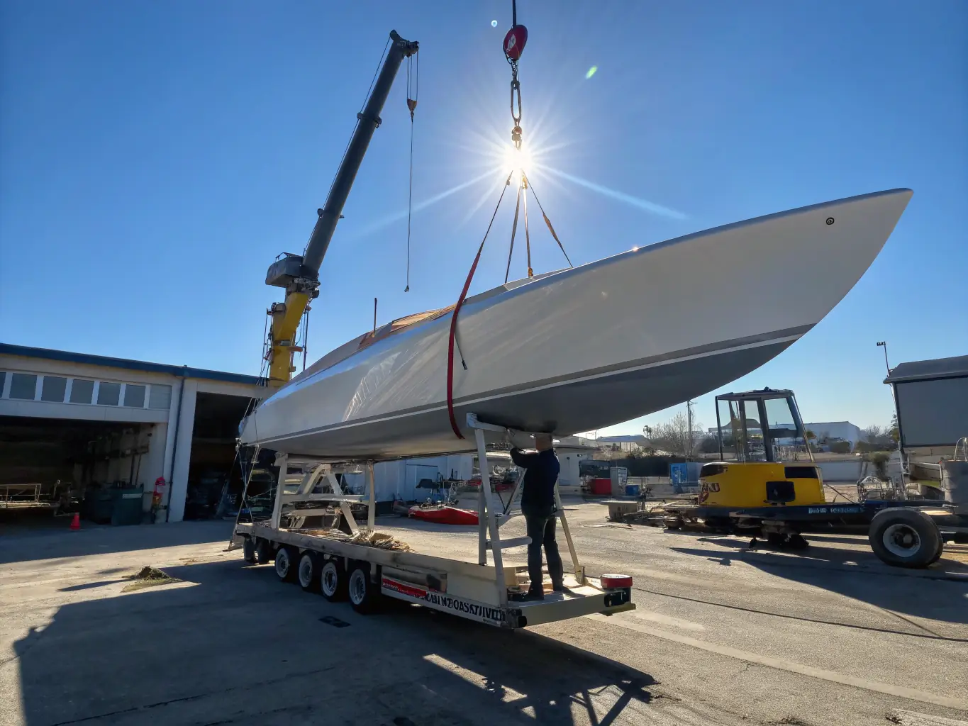 A boat being lifted out of the water for hull inspection and maintenance, highlighting the scale and precision of the operation.