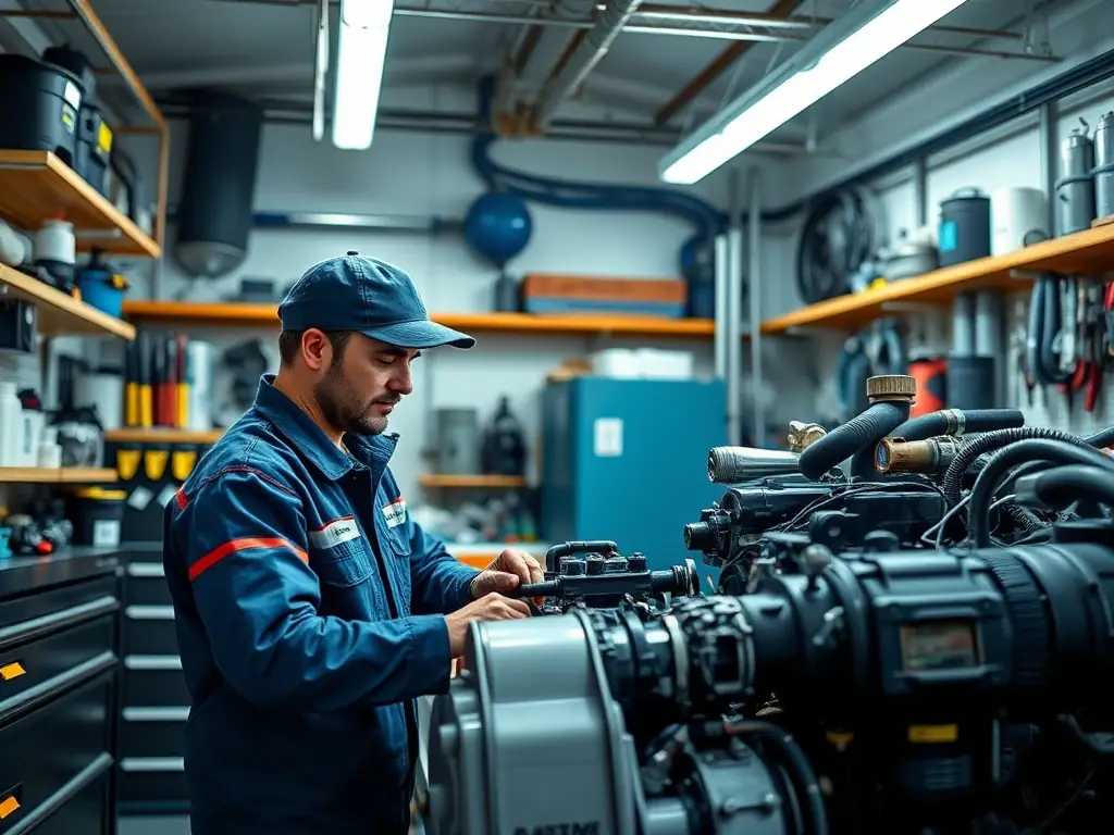 A mechanic inspecting a boat engine with specialized tools, showcasing technical expertise in a well-lit and organized workshop.