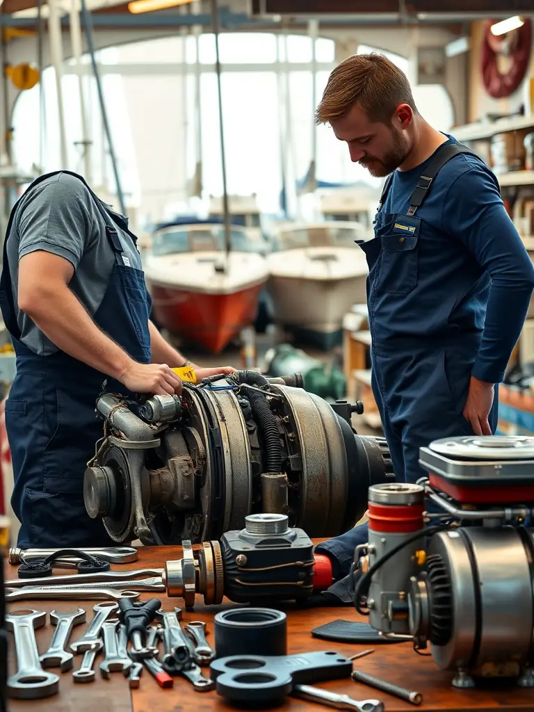 A mechanic inspecting a boat engine with specialized tools, showcasing technical expertise in a well-lit workshop.